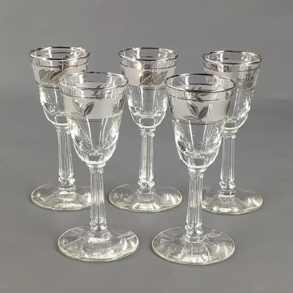 Vintage Silver Leaf Frosted Cordial Glasses Set of 5 Stemmed Liqueur Glassware